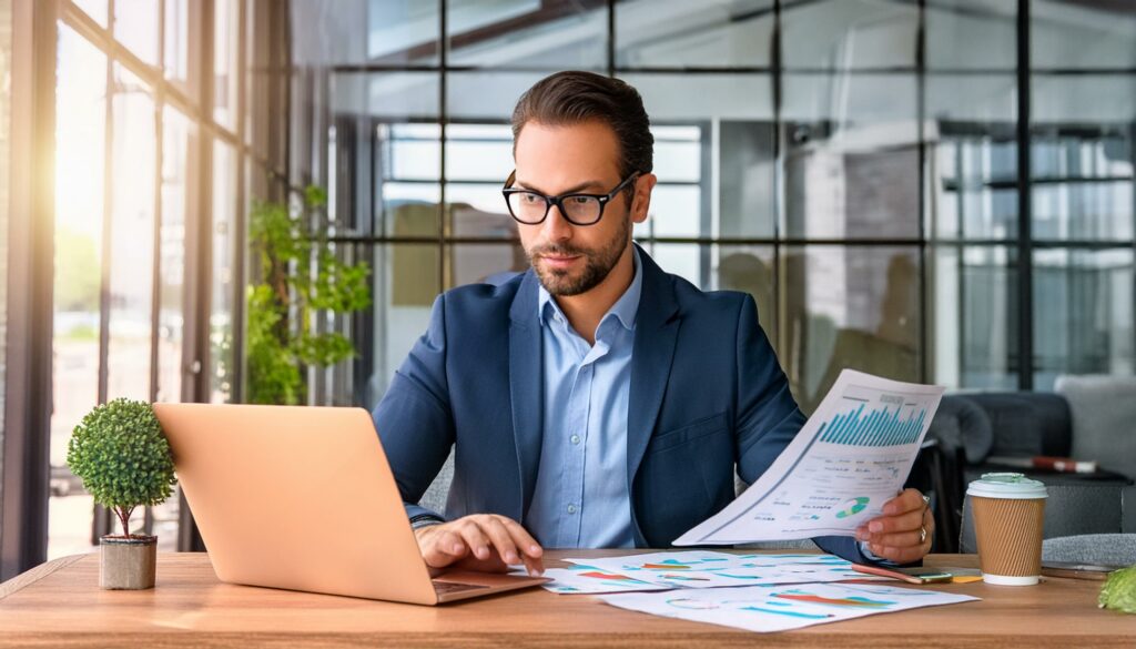 Ein Unternehmer vergleicht am Laptop Unternehmenskredite von FinCompare